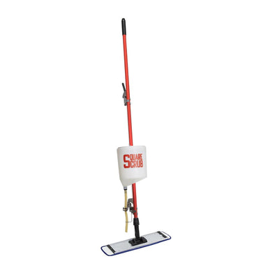 Mop with a red handle and white bucket labeled 'Square Scrub' on a white background