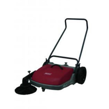Red and black minute man push vacuum Kleen Sweep 27 resembles a push lawn mower.