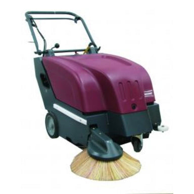 Front right of Minute Man Kleen Sweep 28 push floor sweeper showcasing front right extended brown bristle broom