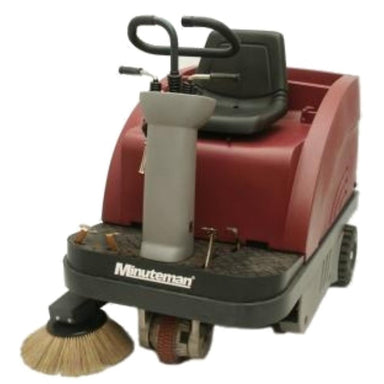 Front of Minute Man Kleen Sweep 40r red riding floor sweeper with extended right side brown brush.