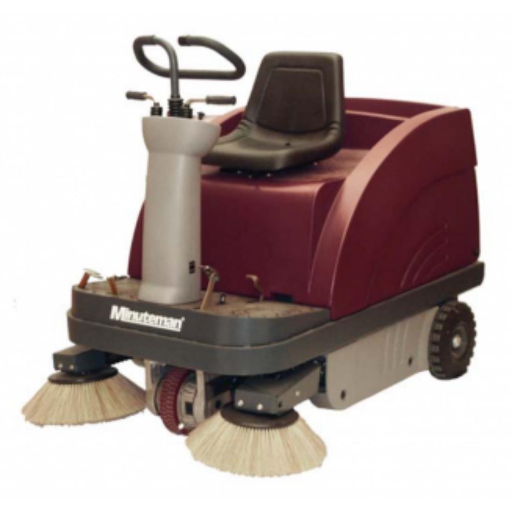 Red Minute man kleen sweep 47 floor sweeper with dual sweep attachments on the bottom chassis