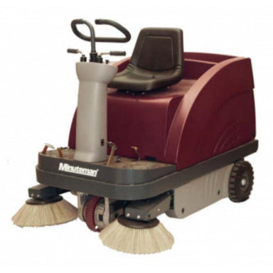 Red Minute man kleen sweep 47 floor sweeper with dual sweep attachments on the bottom chassis