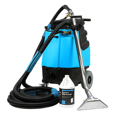 Blue and black cleaning machine with hose and bottle on a white background