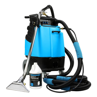 Blue and black carpet cleaning machine with attachments on a white background