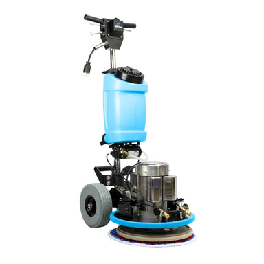 Floor polishing machine with blue tank and circular pad on a white background