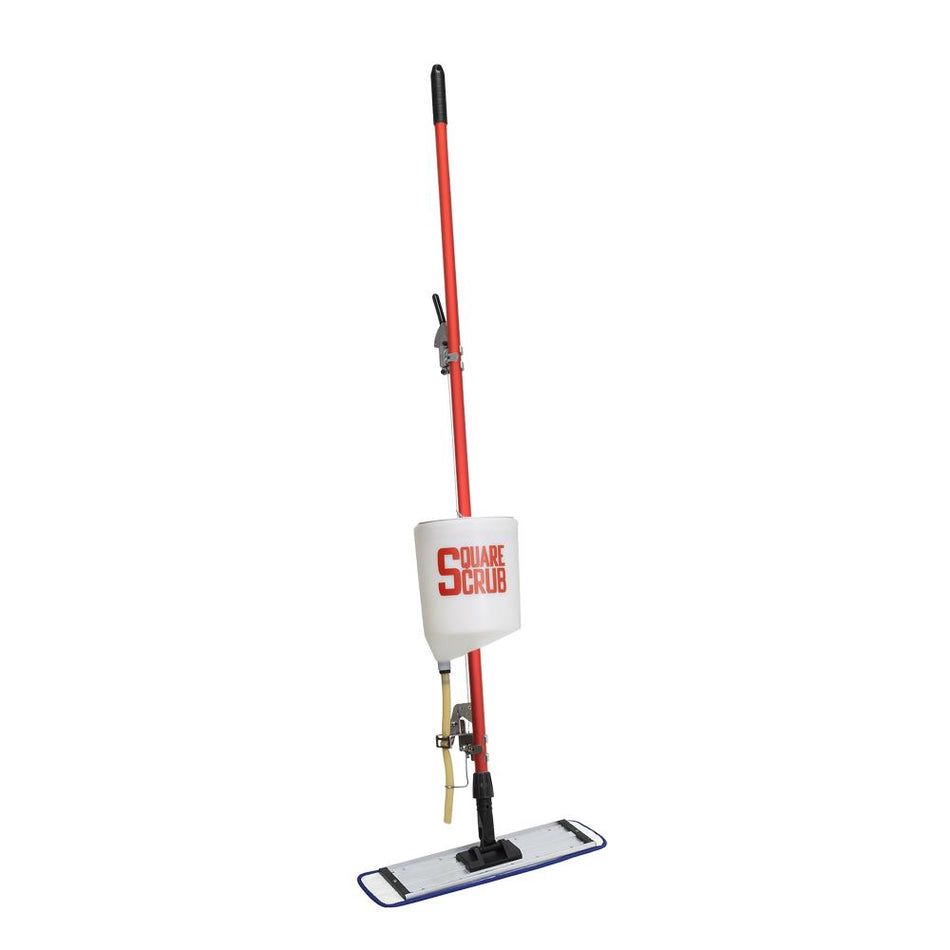 Bucket-on-a-Stick Mop with a red handle and white bucket labeled 'Square Scrub' on a white background