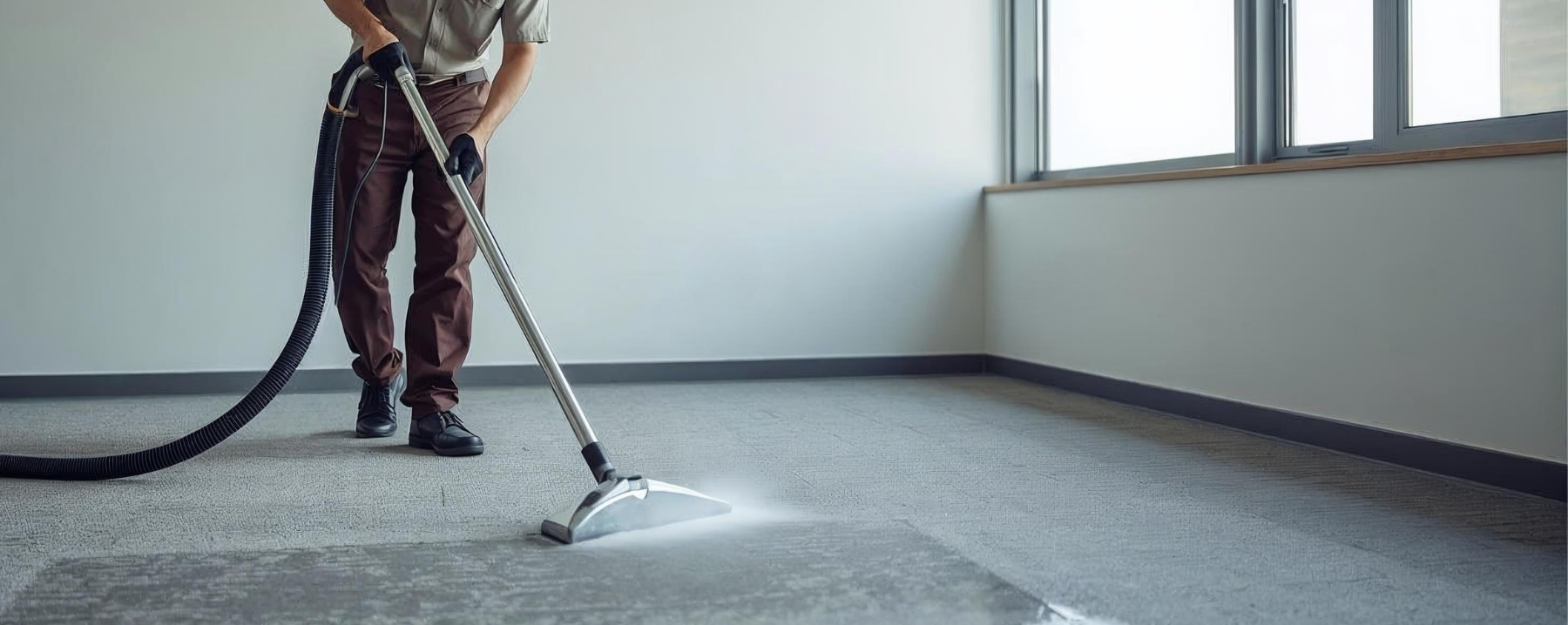 Person cleaning a carpet with a steam cleaner in an office setting