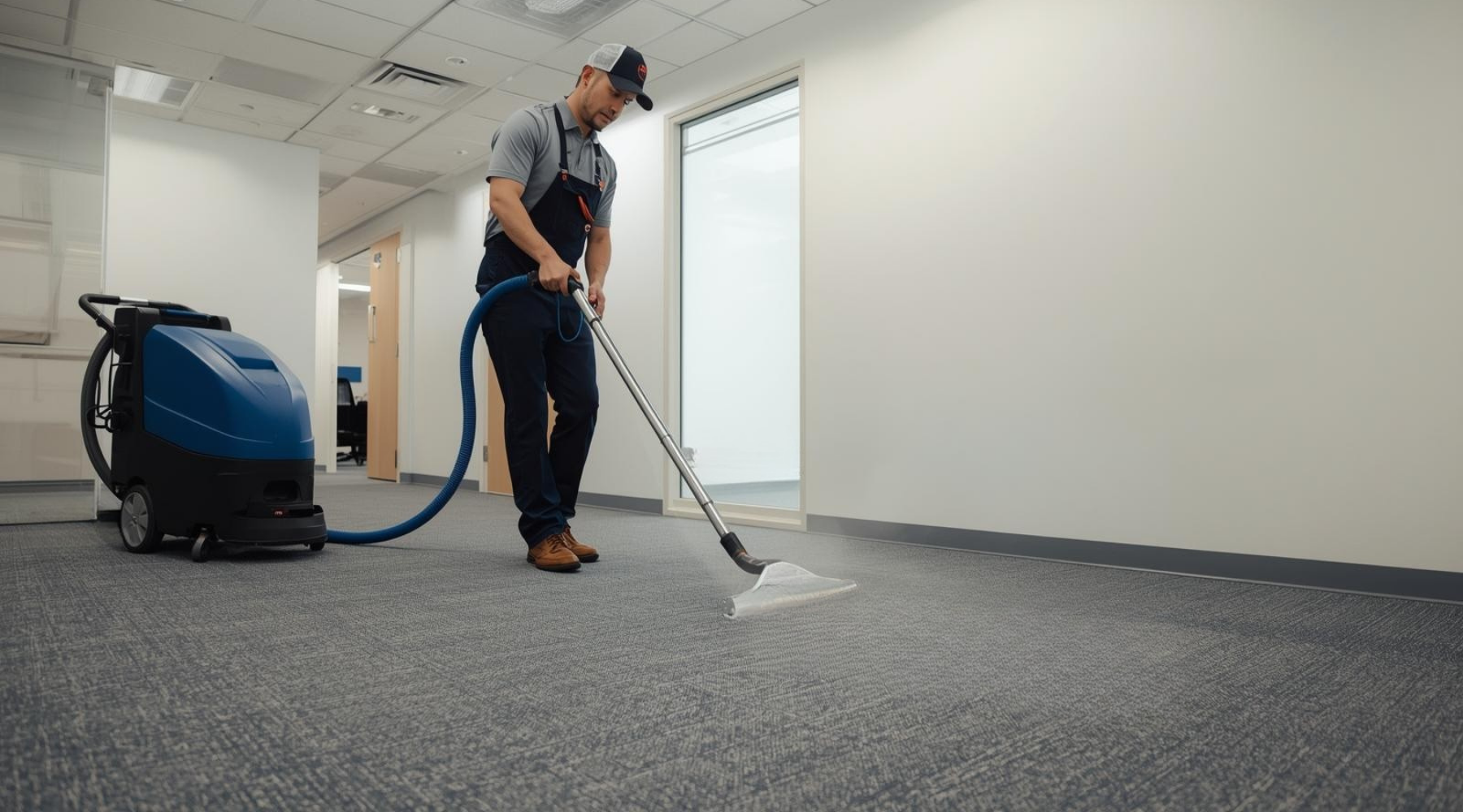 Person cleaning a carpet with a vacuum cleaner in an office setting