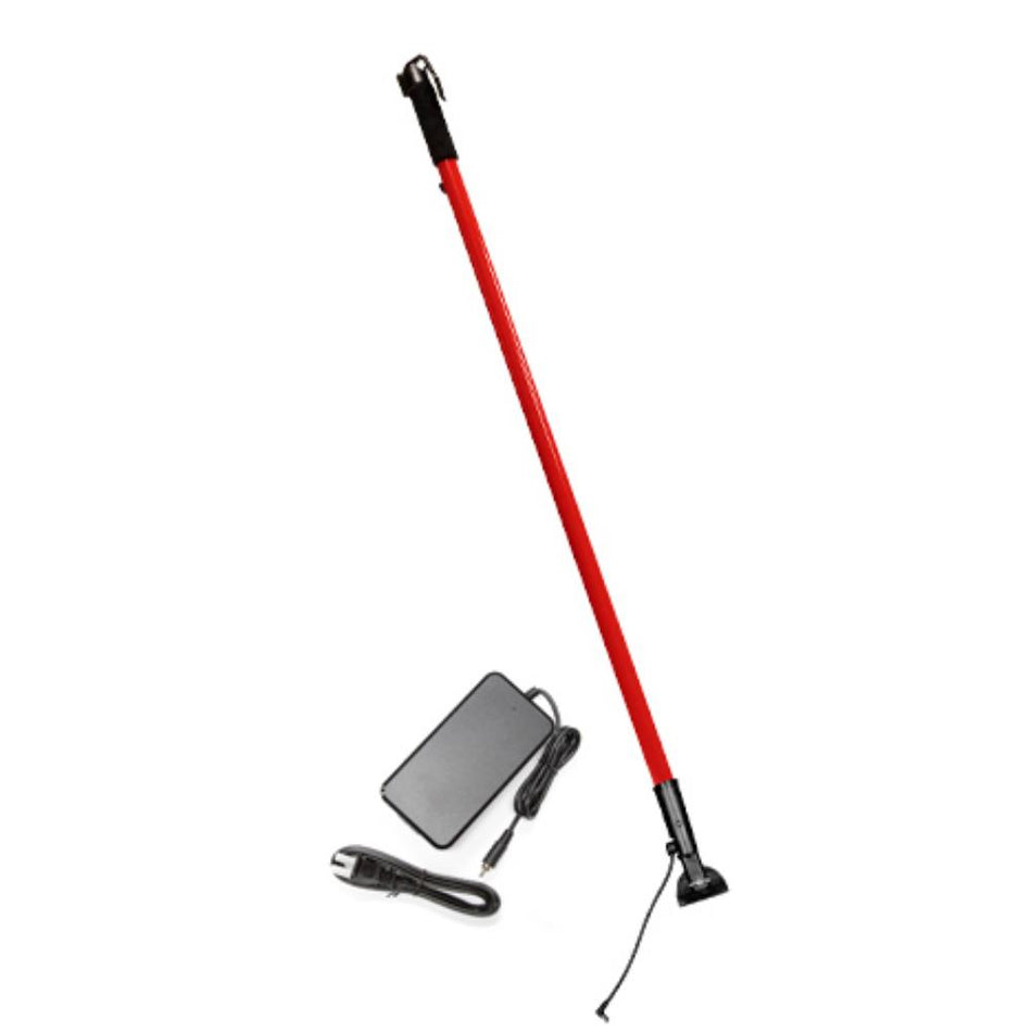 Red telescopic pole with black accents, power adapter, and car charger on a white background