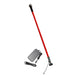 Red telescopic pole with black accents, power adapter, and car charger on a white background