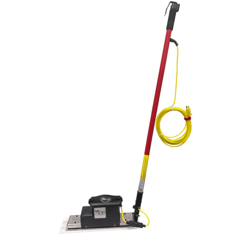 Floor cleaning machine with red handle and yellow cable on a white background