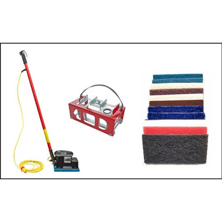 Doodle Scrub Deluxe Cleaning tool set with red handle, metal frame, and multiple sanding pads on a white background