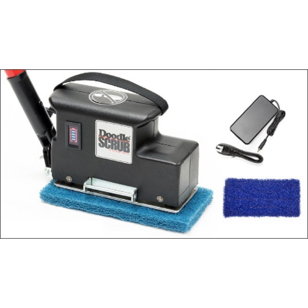 Doodle_Scrub_EBG_9 Battery cleaning tool with accessories on a white background