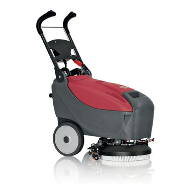 Grey and Red with black handles push e14 floor scrubber with front white circular scrub pad on the ground