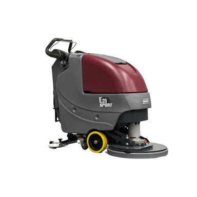 Front angled view of minute man e20 sport push floor scrubber showcasing yellow wheels and wide circular disk attachment front section.