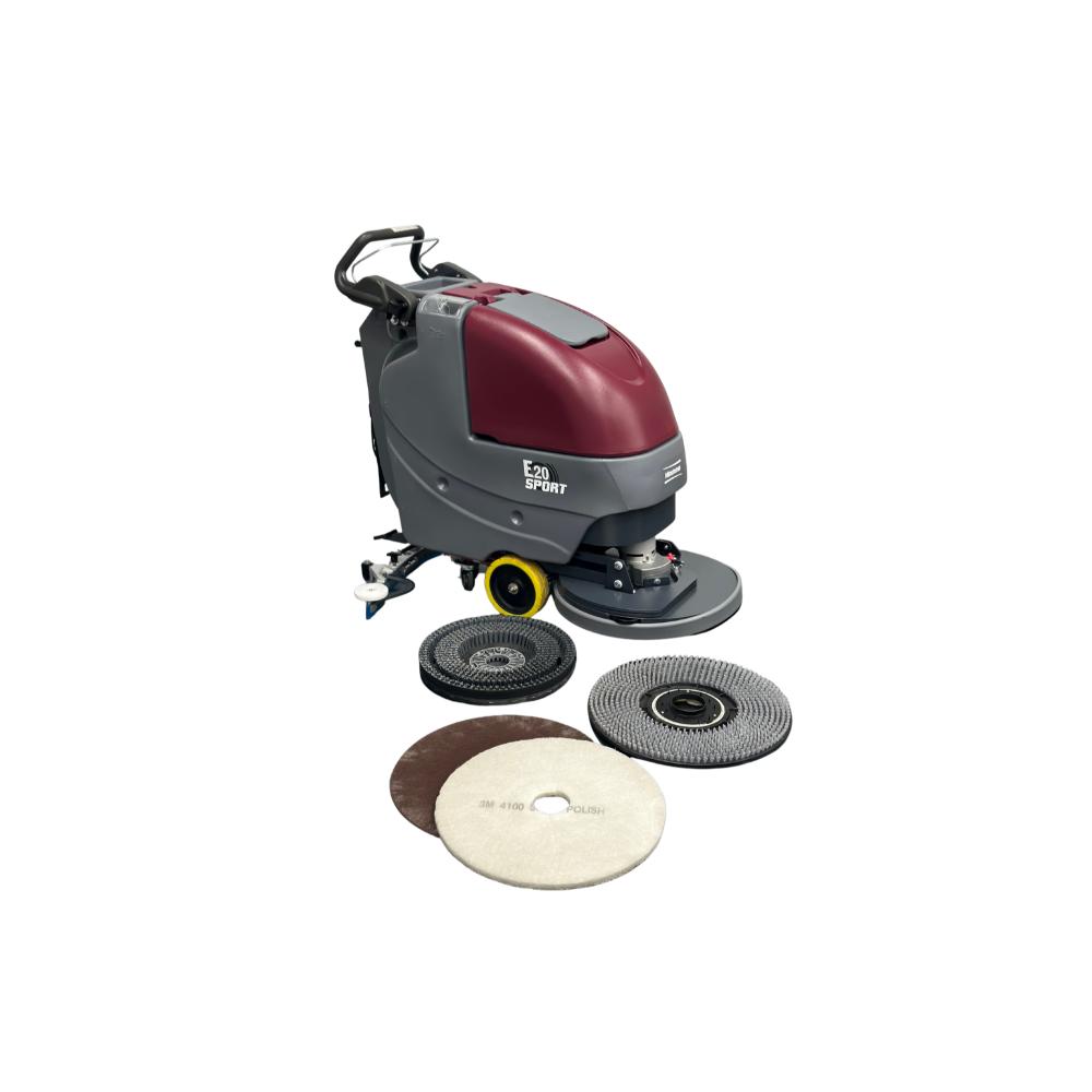 E20 sport push floor scrubber behind 4 different circular attachment pads that fit the floor scrubber. 