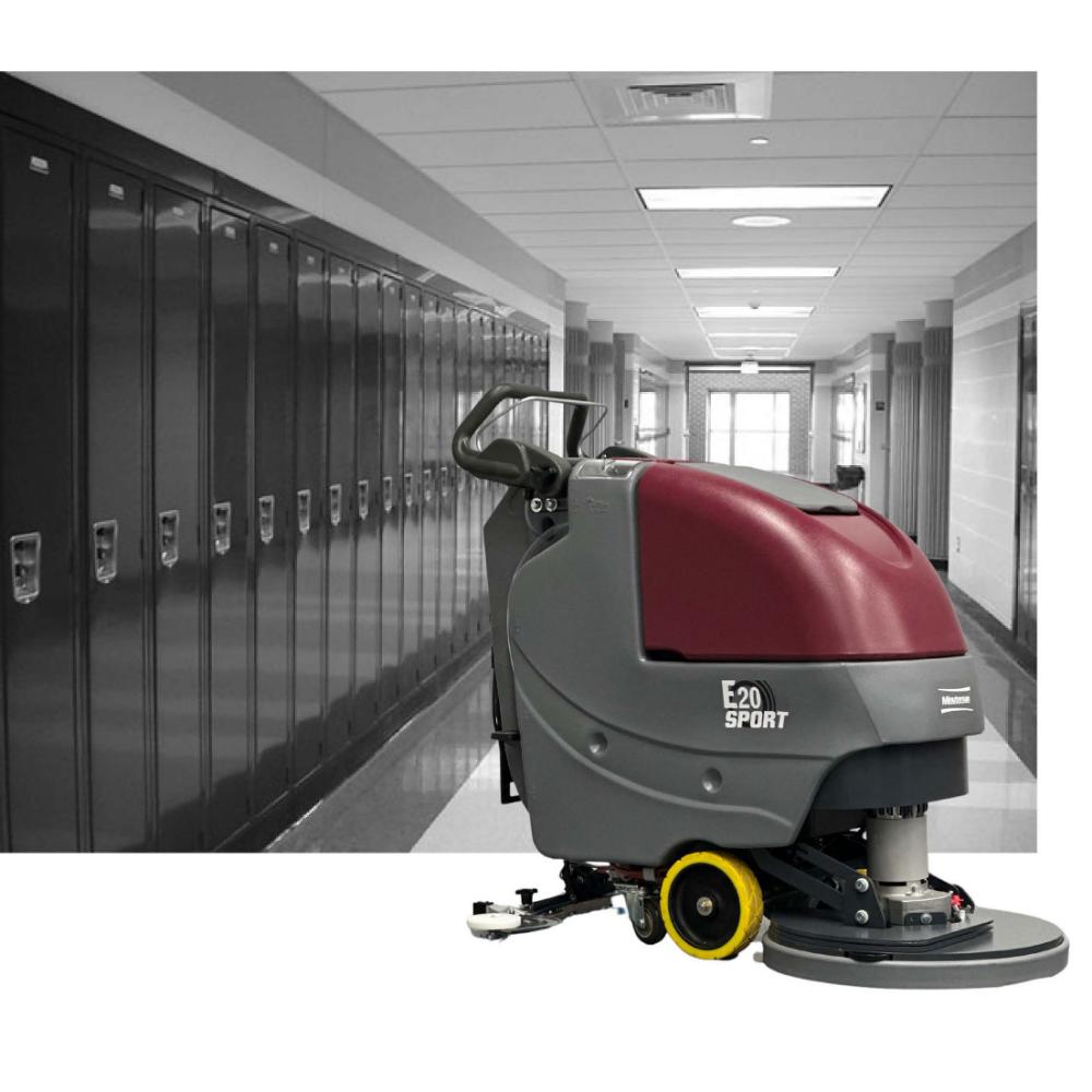Grey Picture of school hallway with a the red and grey e20 sport floor scrubber showcased in front of the picture