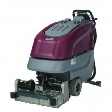 Black and Grey Mid sized e24 floor scrubber showcasing the front cylindrical scrubber section. 