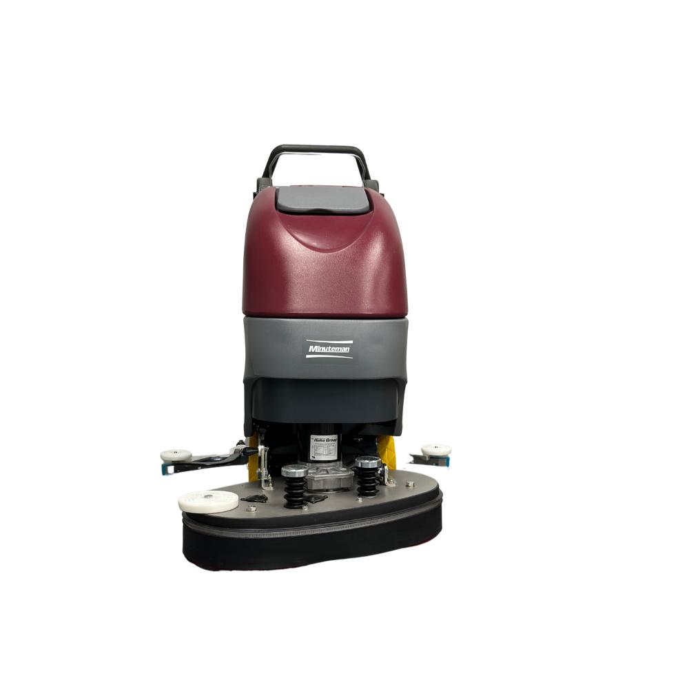 Front view of red and grey push e26 eco minuteman floor scrubber. 