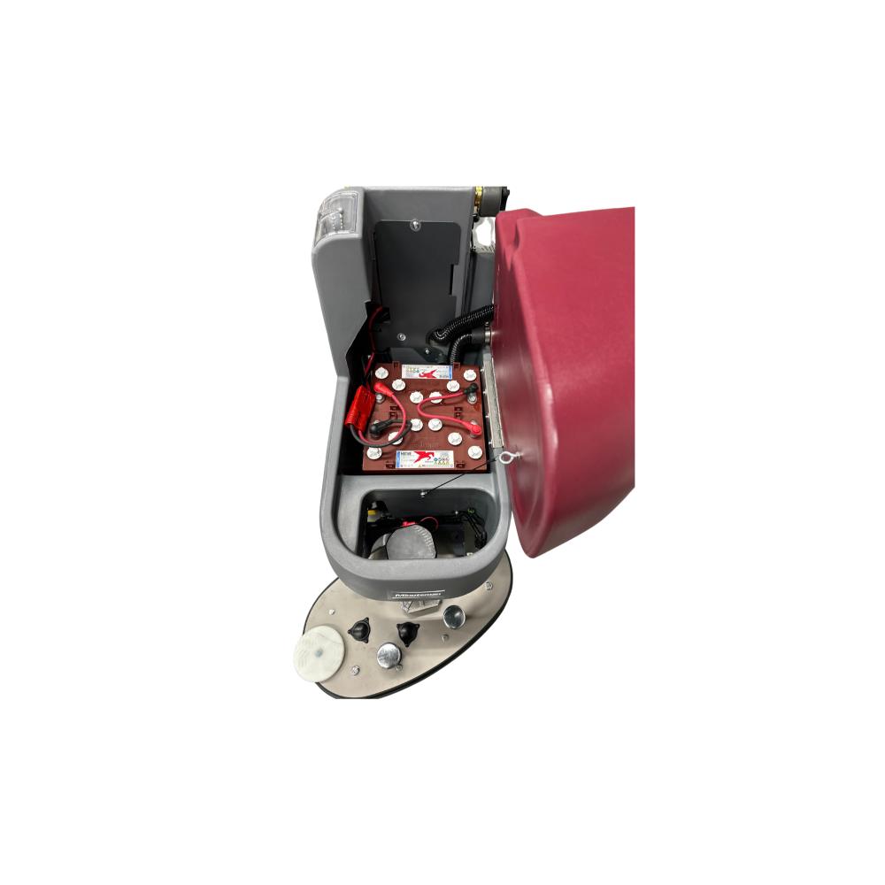 View of battery bay with connected batteries in eco 26 push floor scrubber.