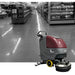 Picture of a grey image that shows isles in a grocery store with the eco 26 floor scrubber in front of it. 