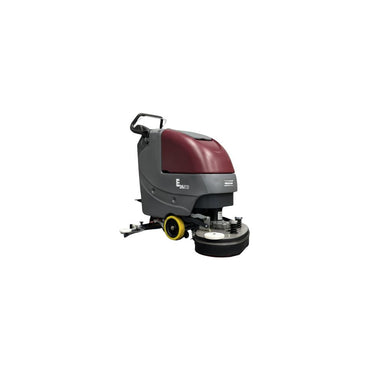 Grey and Red Push Minute Man Eco 26 floor scrubber with yellow wheels showcased in a front right view.