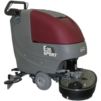 Right side view of red and grey E25 Sport floor scrubber with large grey rubber wheels, back squeegee, and front circular motorized scrub pad. 