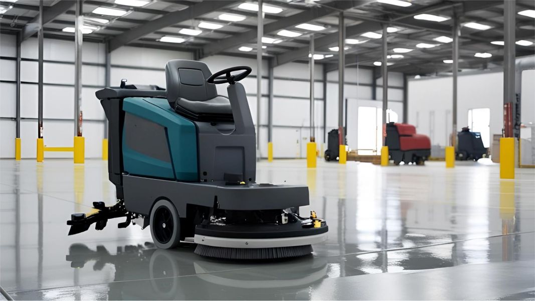 Teal and grey Ridable floor sweeper being displayed in a clean warehouse with glossed grey floor