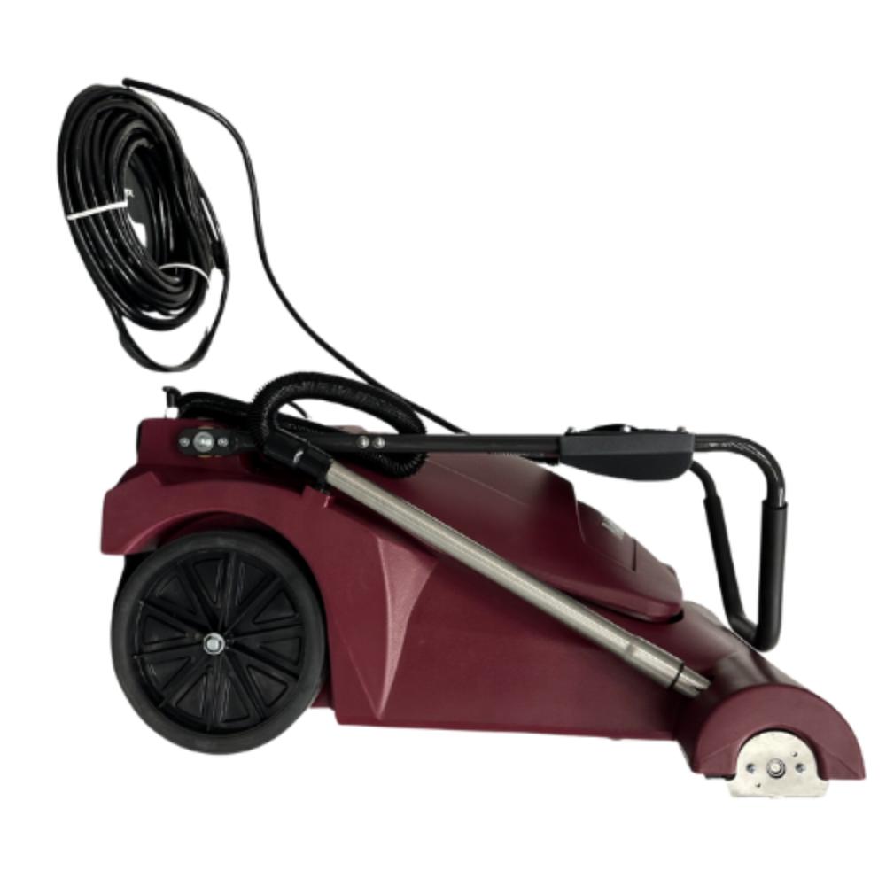 Folded and stowed handle on large red wide area vacuum cleaner