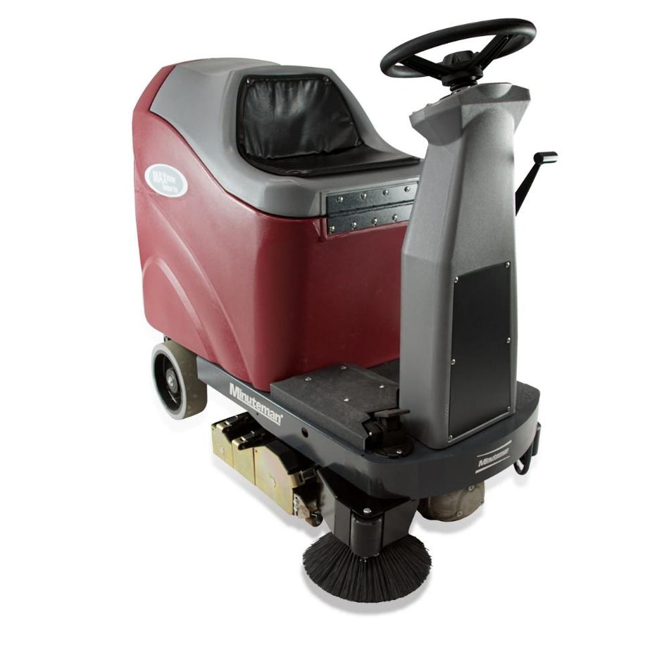 Grey and Red riding floor scrubber with front right black floor sweeper attachment