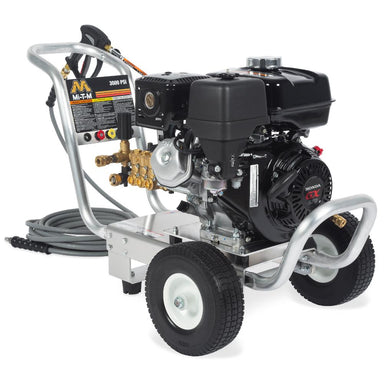 Pressure washer with engine and hose on a white background