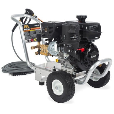 Pressure washer with engine and hose on a white background