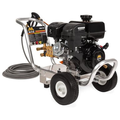 Pressure washer with engine and hose on a white background