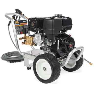 Pressure washer with engine and hose on a white background