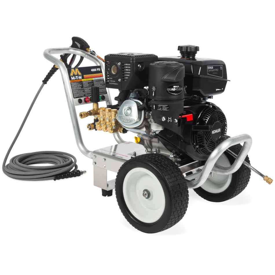 Mi-T-M-CA-4004-1MAK Pressure washer with engine and hose on a white background