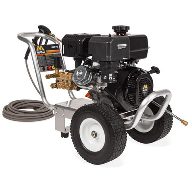 Pressure washer with engine and hose on a white background