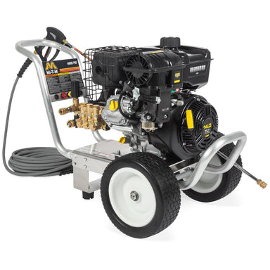 Pressure washer with engine and hose on a white background