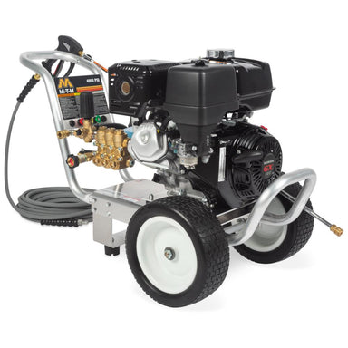 Pressure washer with engine and hose on a white background