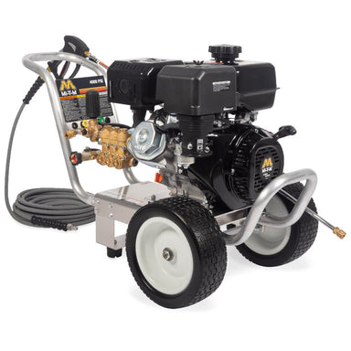 Pressure washer with engine and hose on a white background
