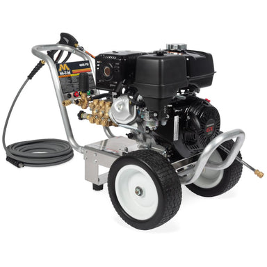 Pressure washer with engine and hose on a white background