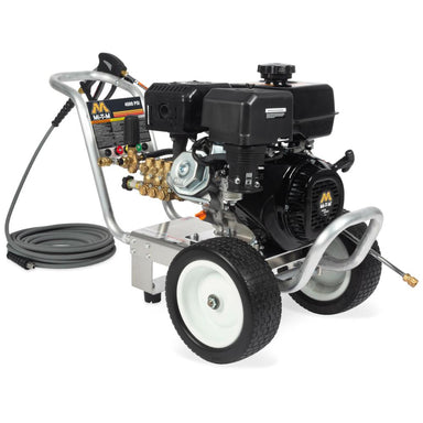 Pressure washer with engine and hose on a white background
