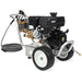 Pressure washer with engine and hose on a white background