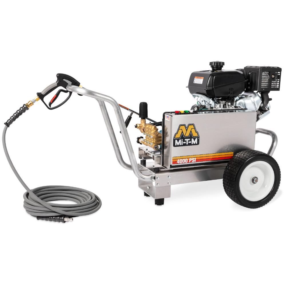 MI-T-M pressure washer with hose on a white background