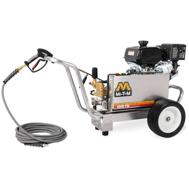 MI-T-M pressure washer with hose on a white background