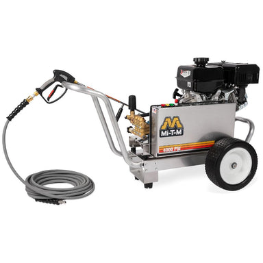 MI-T-M pressure washer with hose on a white background