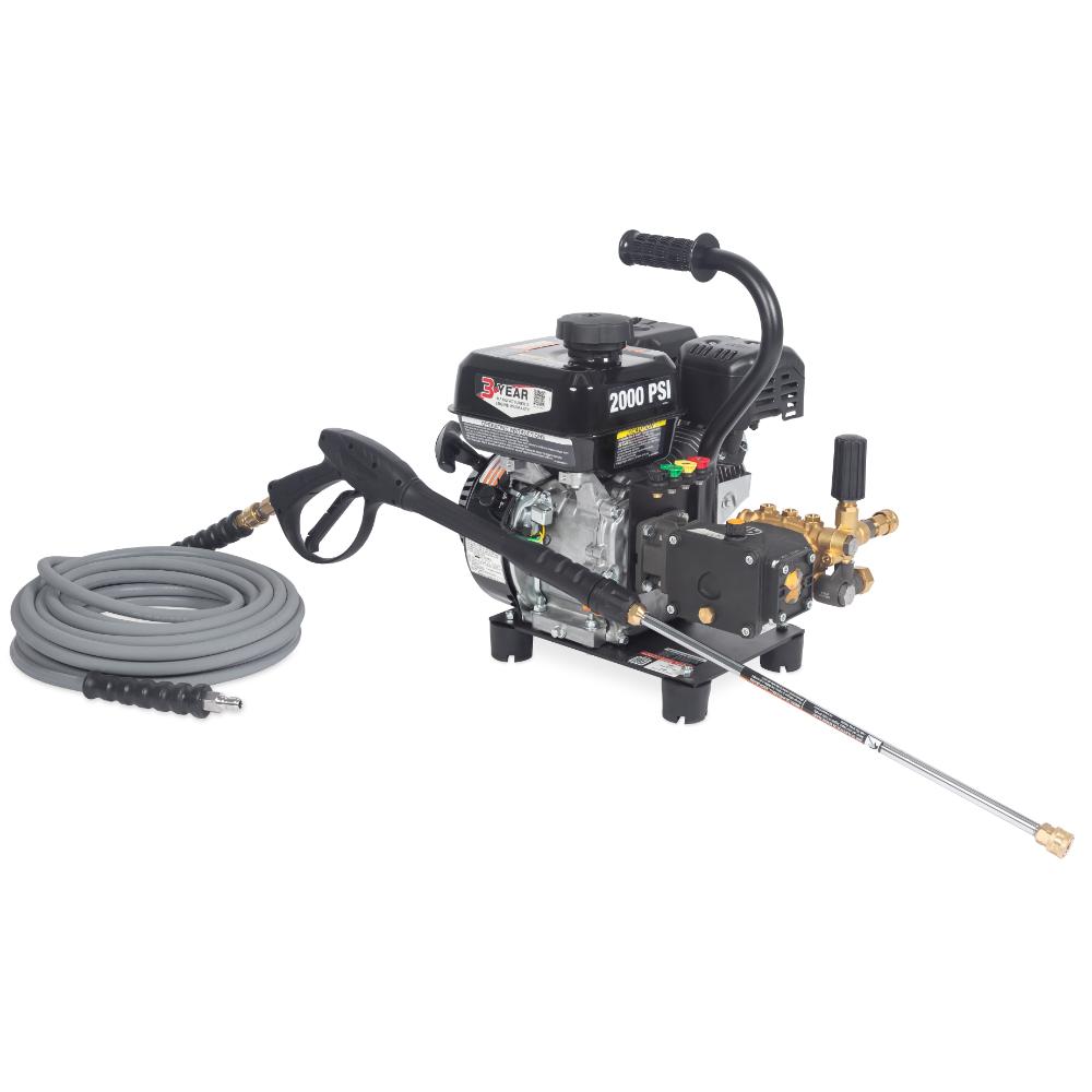 Pressure washer with hose and nozzle on a white background