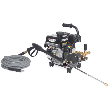Pressure washer with hose and nozzle on a white background