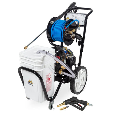 Pressure washer with hose reel and accessories on a white background