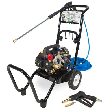 Pressure washer with hose and nozzles on a white background