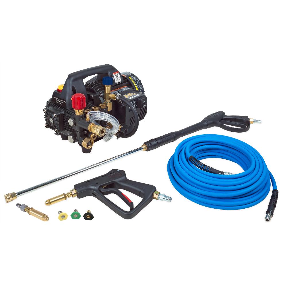 Pressure washer with hose and nozzles on a white background